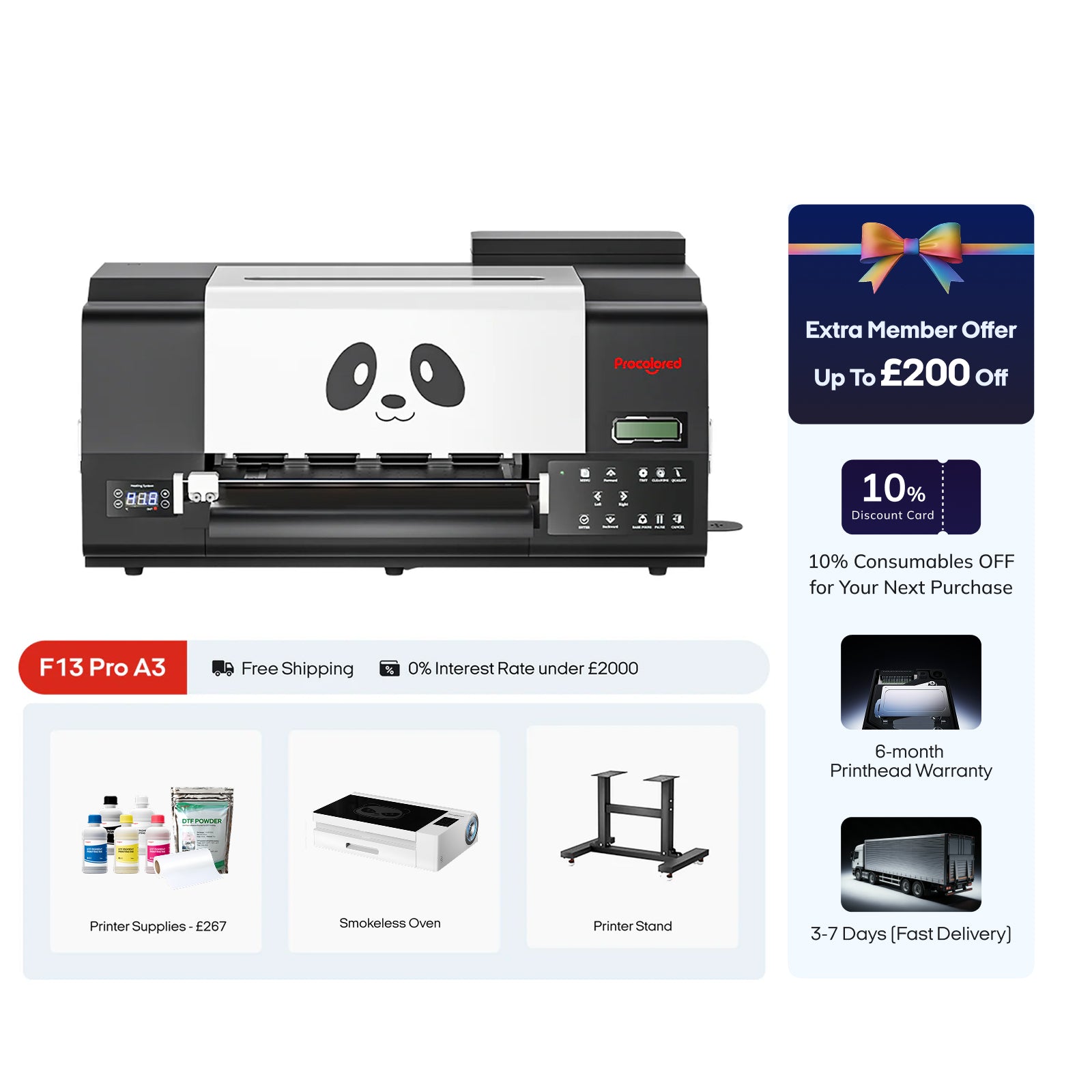 Procolored F13 Pro Panda DTF Printer 13" A3 Dual XP600 + Stand + Oven Premium