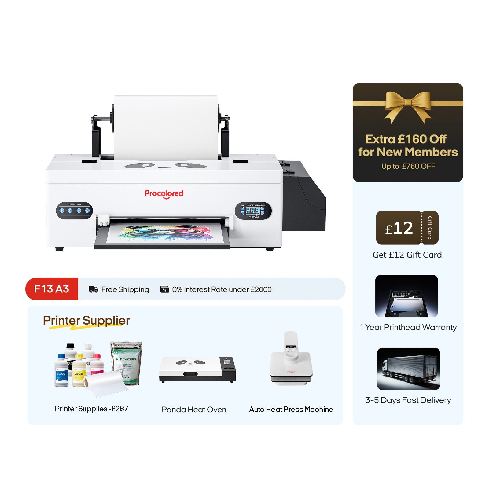 Procolored F13 Panda DTF Printer 13" A3 L1800 & Complete Bundle