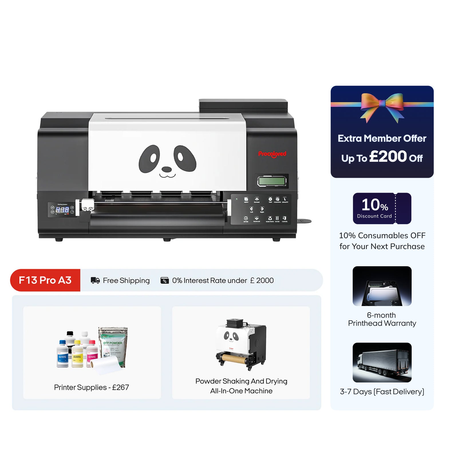 Procolored F13 Pro Panda DTF Printer 13" A3 Dual XP600 & DTF Shaker Bundle